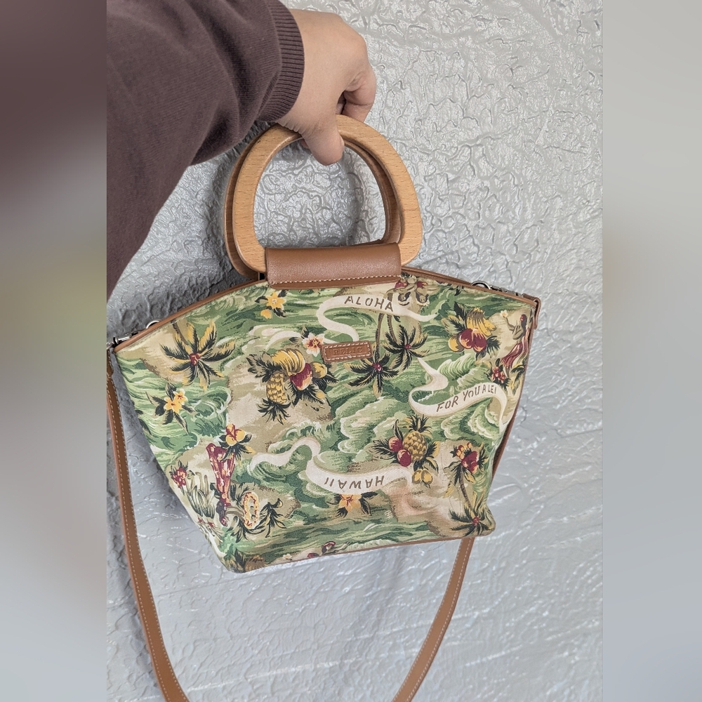 Tropical Canvas Crossbody Bag with Leather Trim - Green Hawaiian Print